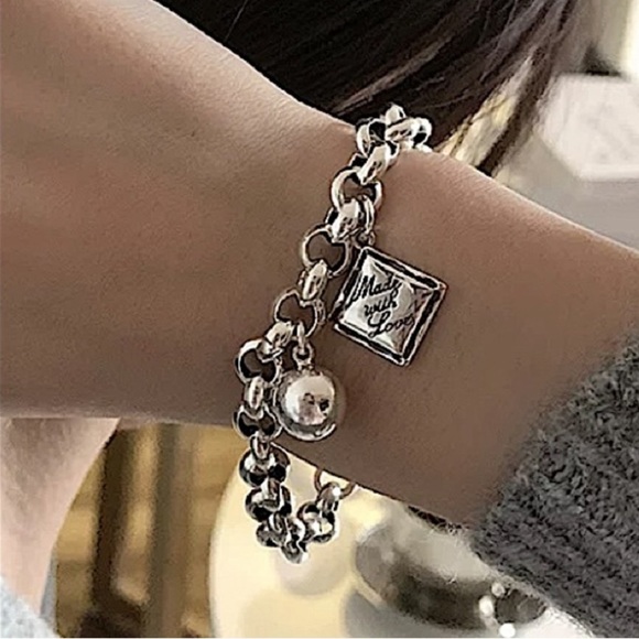 STERLING SILVER MADE WITH LOVE CHAIN LINK BRACELET - Picture 1 of 6